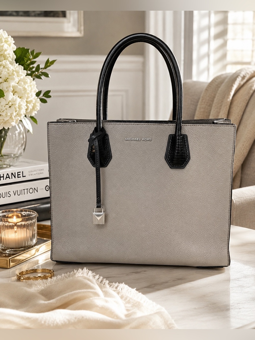 Michael Kors Mercer Studio Large Accordion Tote Pearl Grey Black Leather